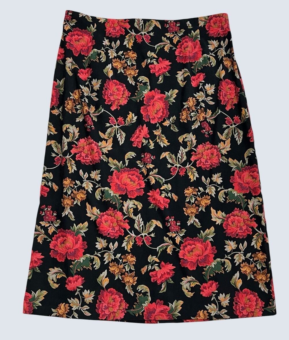 Vintage 90s Briggs New York Black Red Floral Maxi Skirt Dark Romantic size 22W